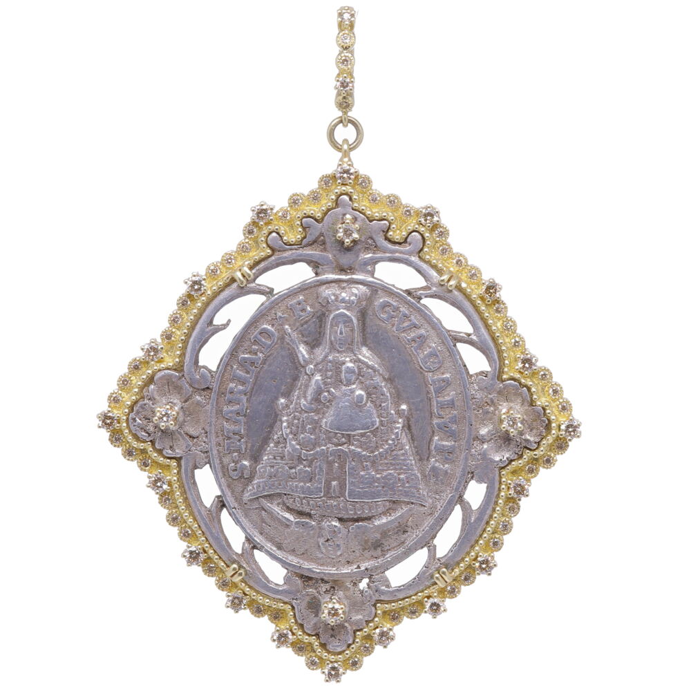 This Spanish Lady of Guadalupe medal is an original antiquity handcrafted out of sterling. This medal was once used as a shrine, a square nail was used to pierce the medal to a wall. Cynthia Ann designed a solid 14k yellow gold 20.89 tcw and champagne diamond bezel 1.33 tcw. Our Lady of Guadalupe Spanish Our Lady of Guadalupe Mary Medal