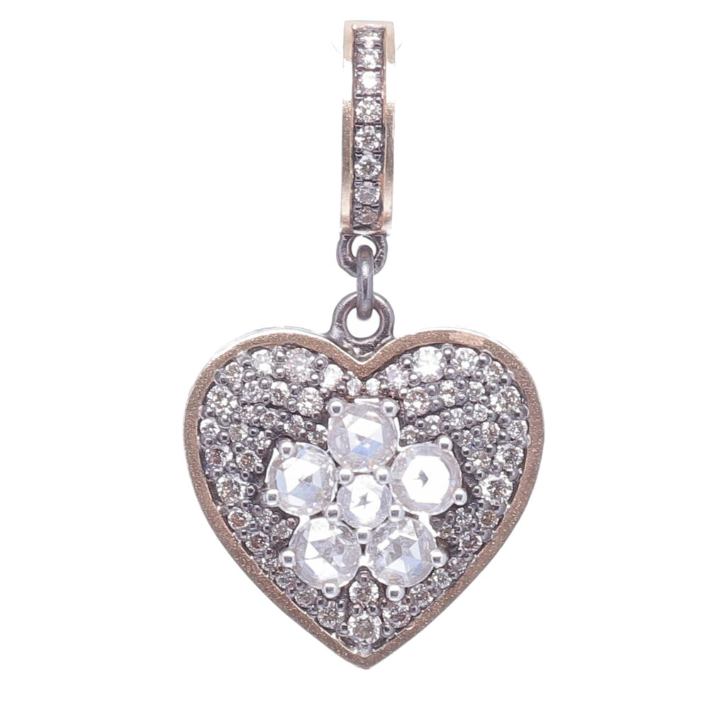 This classic piece by Cynthia Ann has 64 champagne diamonds 0.59 tcw, with six additional rose cut diamonds 0.55 TW. It's handmade with 14k yellow gold 2.08g and rhodium sterling silver. Diamond Heart with Rose Cut Diamond Flower Center