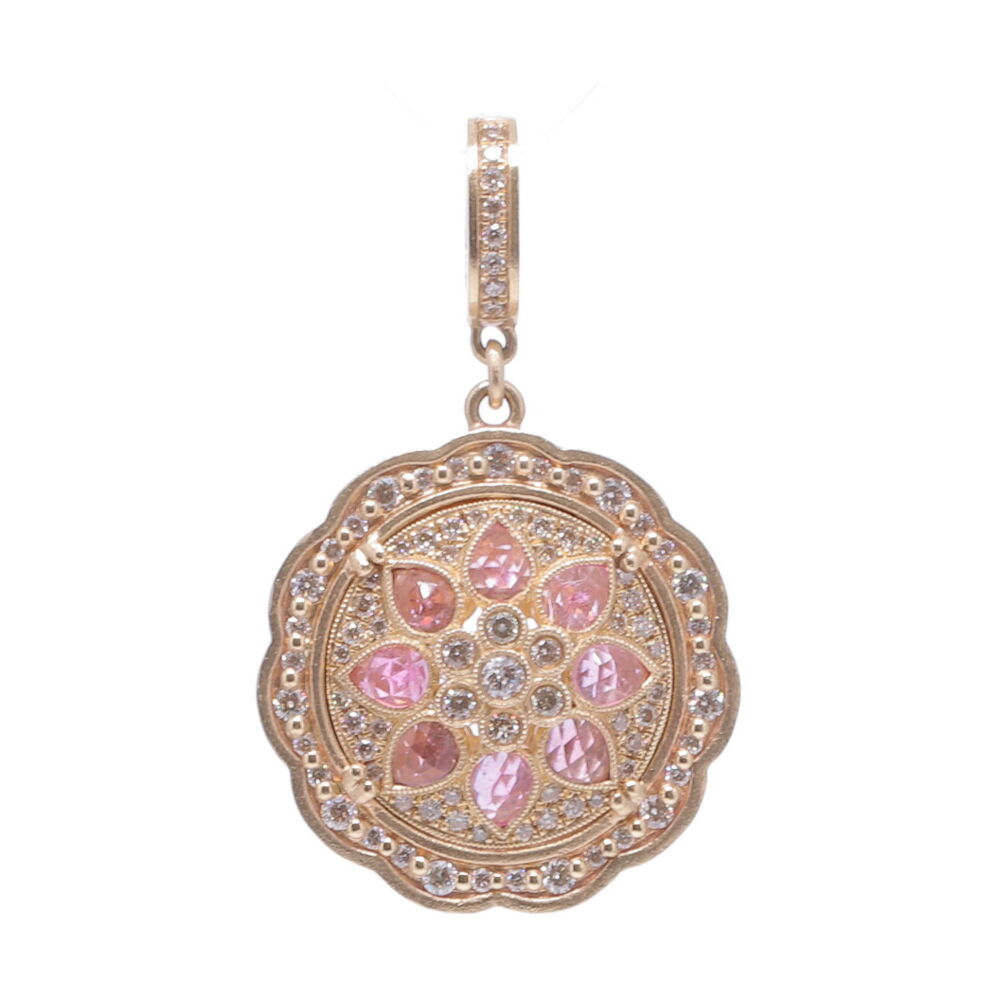 Yellow Gold, Champagne Diamond, and Pink Tourmaline Bloom Pendant Yellow Gold Pink Bloom Pendant