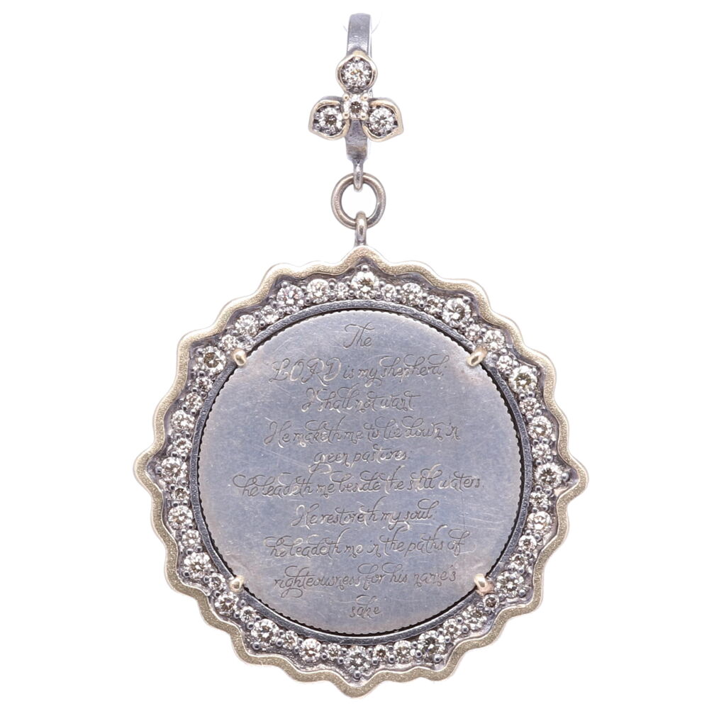 Love tokens reached their peak popularity during the Victorian era but are believed to have originated somewhere in Great Britain during the 1500’s. Often Love Tokens were exchanged between sweethearts as “tokens of love” or even marriage proposals. Love Tokens are generally defined as monetary coins from which one side (or sometimes both sides) have been smoothed down flat and engraved with names, phrases, monograms, and sometimes even pictorials. 52 CH DIA, 1.14 TW Love Token Engraved With The Lords Prayer