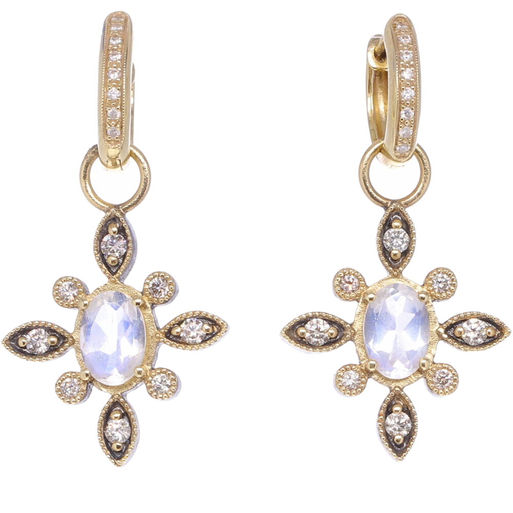 Earring charms with rose cut moonstones 1.25tcw, champagne diamond 0.42tcw and 14k yellow gold 2.33g. North Star Moonstone & Diamond Earring Charms