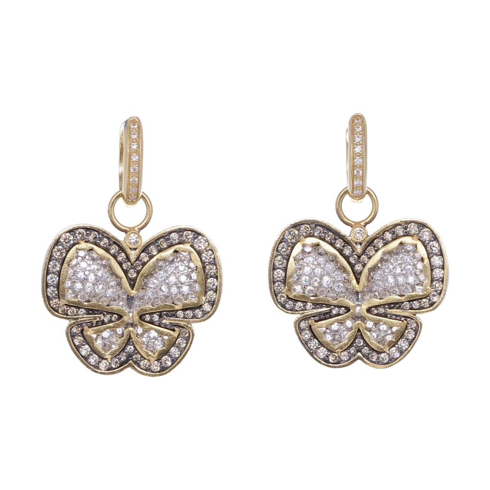 These sparkling butterfly earring charms have white diamond 1.18 tcw and champagne diamonds 1.10 tcw. Handcrafted with 14k yellow gold 7.87g and rhodium sterling. Butterfly Diamond Earring Charms