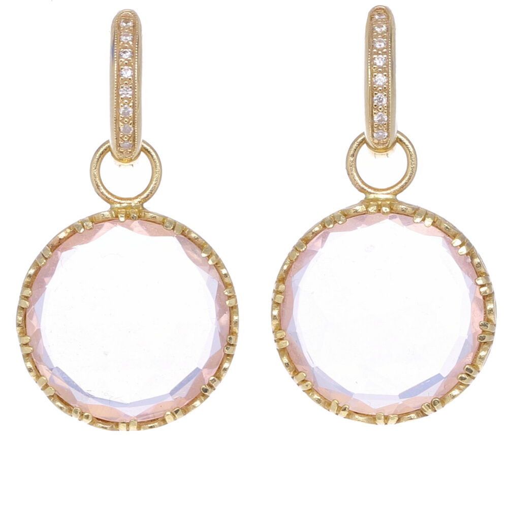Two checkerboard curt rose quartz coin drop earring charms set in 14k yellow gold. Rose Quartz Coin Drop Earring Charms