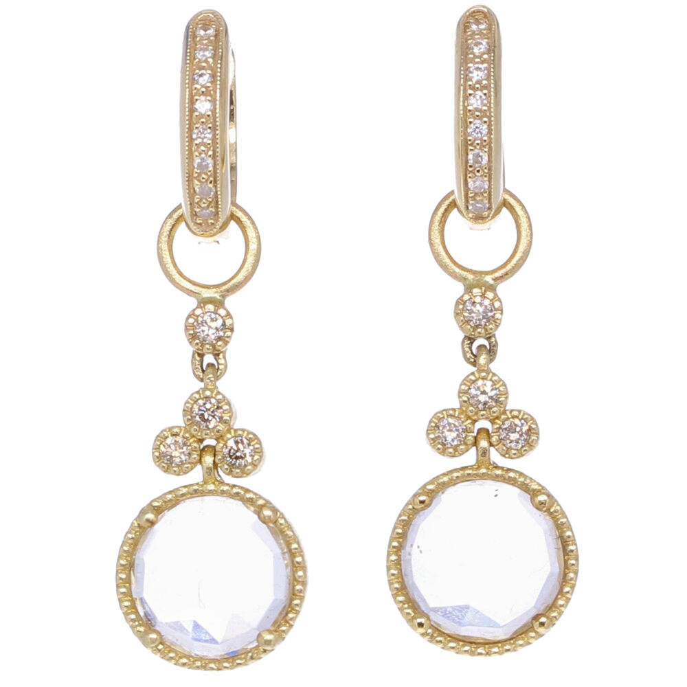 This petite size earring charm is for all hours of the day. Handcrafted with checkerboard cut two topaz 3.0 tcw, 8 champagne diamonds 0.16 TW, and 14k yellow gold 2.45g. Round Topaz & Diamond Earring Charms