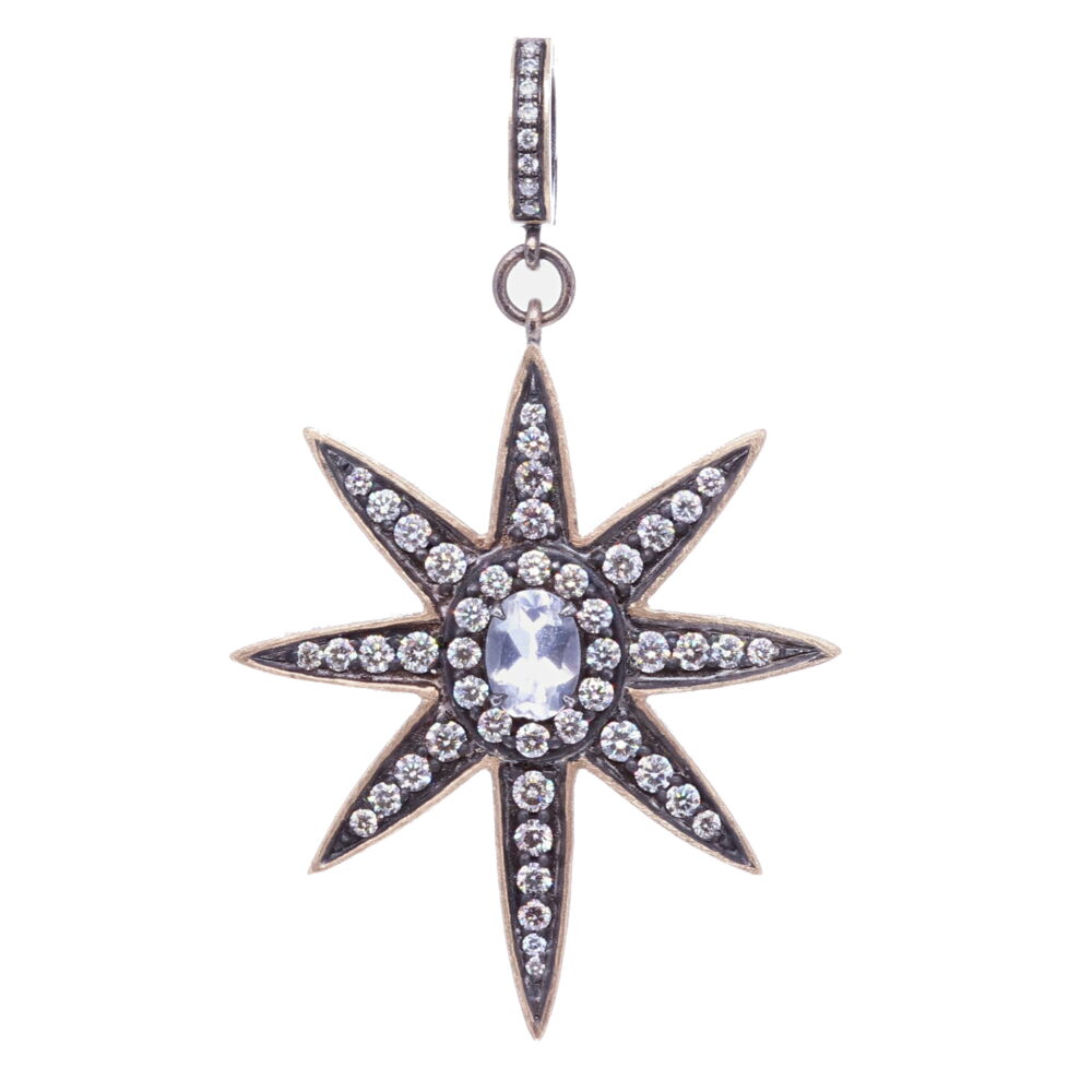 This beautiful North Star symbolizes inspiration and hope. Moonstone is set in the center. The bezel has 1.65 TCW Diamonds, 14k Yellow Gold 3.40g, and rhodium sterling silver. Large North Star Moonstone Pendant