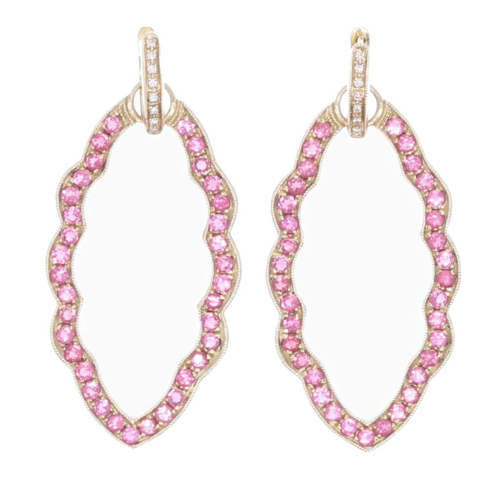 Seventy pink tourmaline stones 2.40 tcw set in a 14k 8.08g yellow gold marquis shaped earring charm frame. Marquise Pink Tourmaline Earring Charm Frames