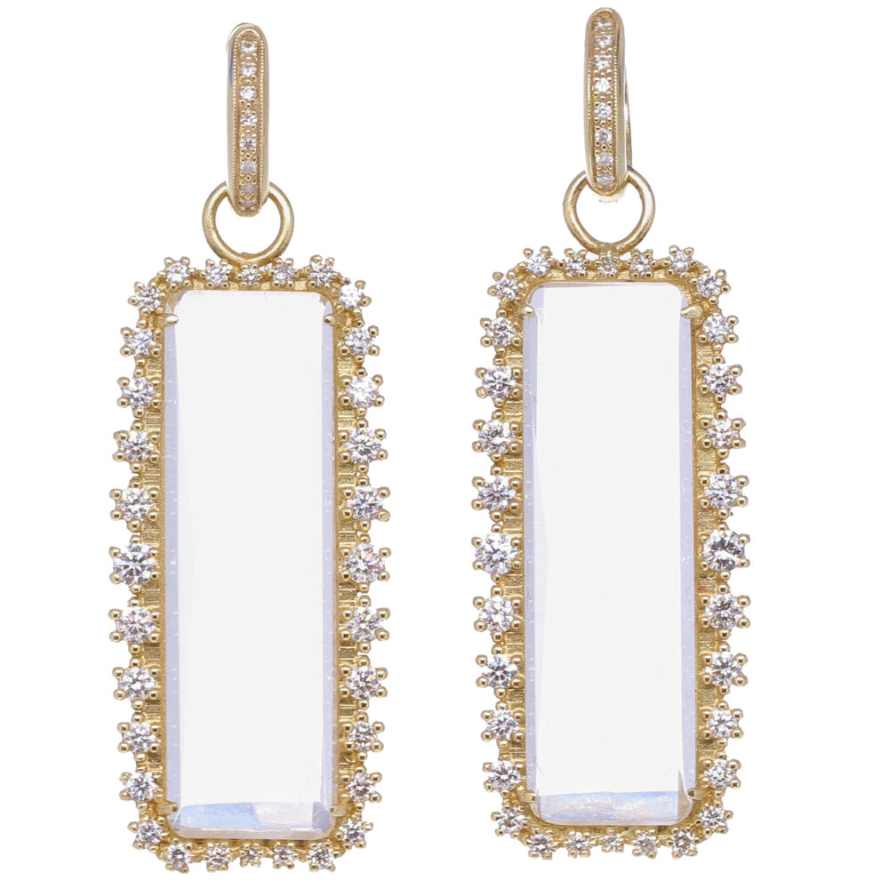 Two large white quartz stones 29.39 tcw set in a champagne diamond 1.67 tcw and 14k yellow gold 9.17g earring charm. Rectangular White Quartz & Diamond Earring Charms