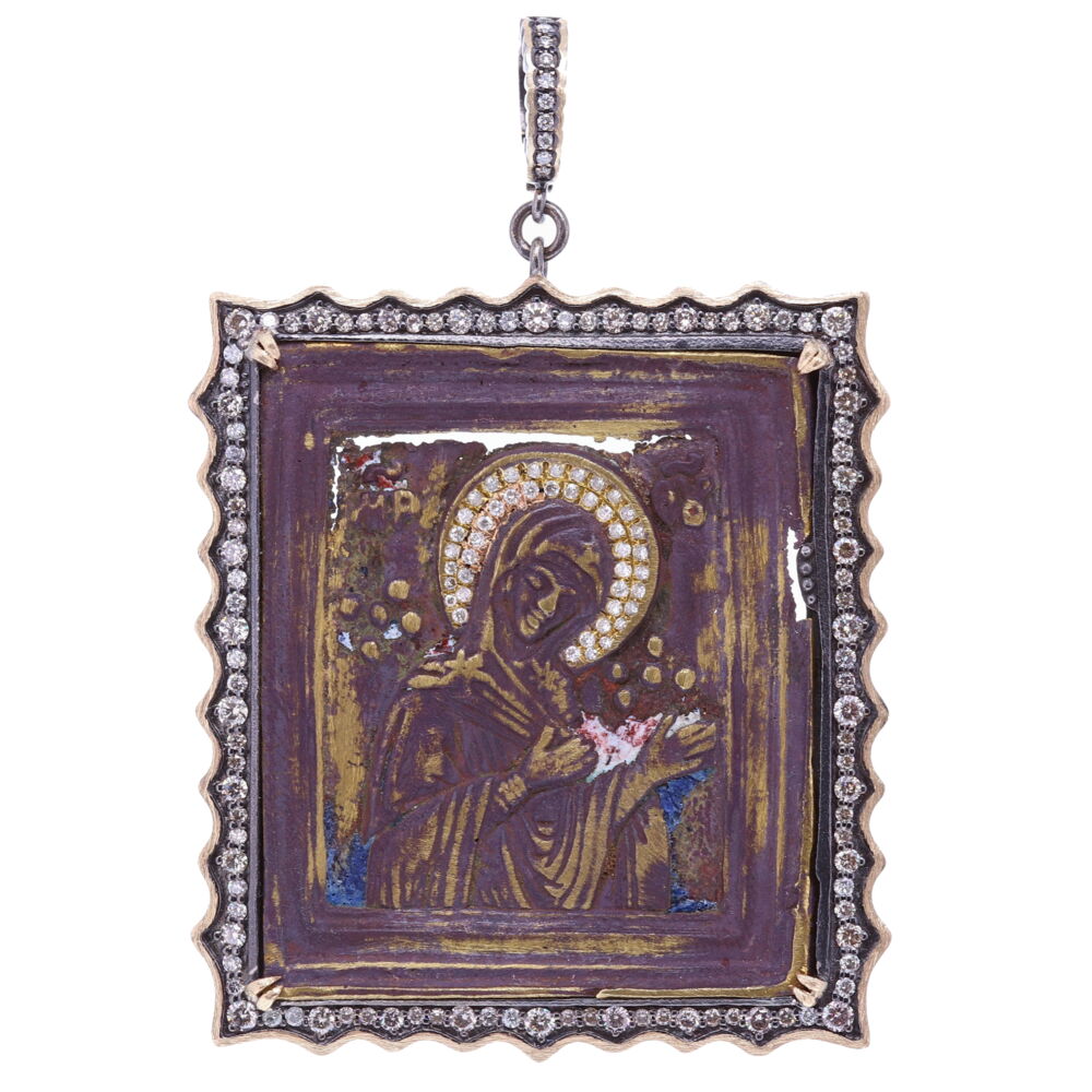 This original Russian Icon was made by bronze by hand and embellished with enamel and a layer of gold leaf. Icons tell a visual story and help the faithful pray and meditate. This Russian Icon has a 1000-year-old history and is often called “Traveler's Icon”. This Virgin medal is the left side piece out of three pieces of the original bronze Triptych Deisus traveling Bible. The Triptych Deisus originally had three pages from left to right; Virgin Mary, Jesus, and John The Baptist. Devoted individuals, soldiers and others would take them into battle or on their travels for protection. It is remarkable that this piece has survived throughout time. This one of a kind Russian Icon is set in a 14k Yellow Gold 4.21g, Diamond 2.0 tcw, and Rhodium sterling bezel. Antique Virgin Russian Icon Pendant