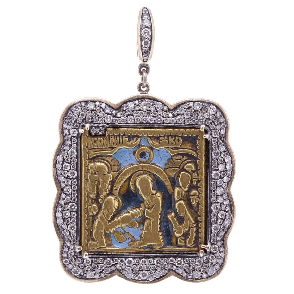 Icons tell a visual story to the faithful and help the faithful pray and meditate. Small metal Icons have a 1000-year-old history and were often called “Traveler's Icon”. Devoted individuals, soldiers and others would take them into battle or on their travels for protection. Traditionally made of bronze / brass, they were wearable and small (2 x 2.5 in). The soft brass originals were submitted to the constant wear of devoted fingers, recording the history of heavy prayer on these sacramentals. Besides spiritual protection through prayer, the icon provided physical protection as well.
Antique Russian Icon