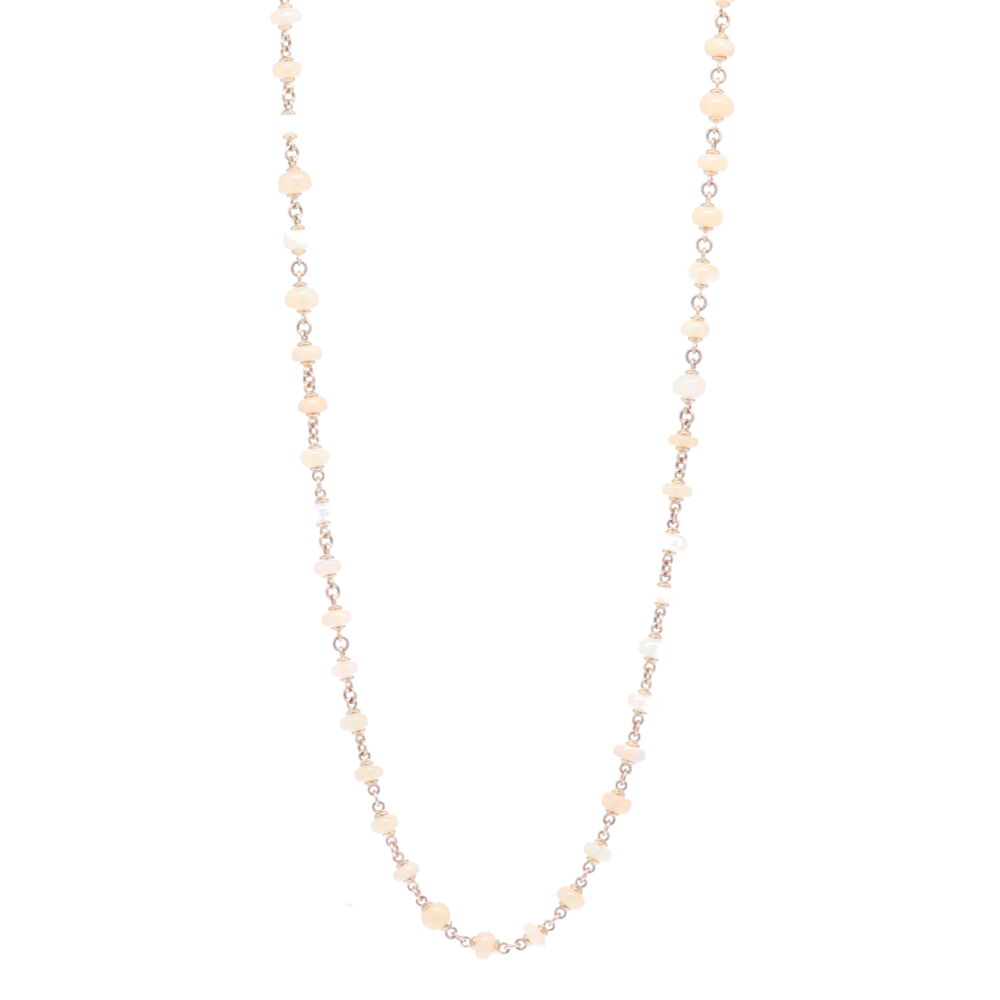 This necklace is 45" and has 98 beautiful Ethiopian Opal cabochon beads strung with solid 14k yellow gold 29.1g. The diamond clasp has 0.28 tcw. Opal Cabochon Gold Necklace 45"