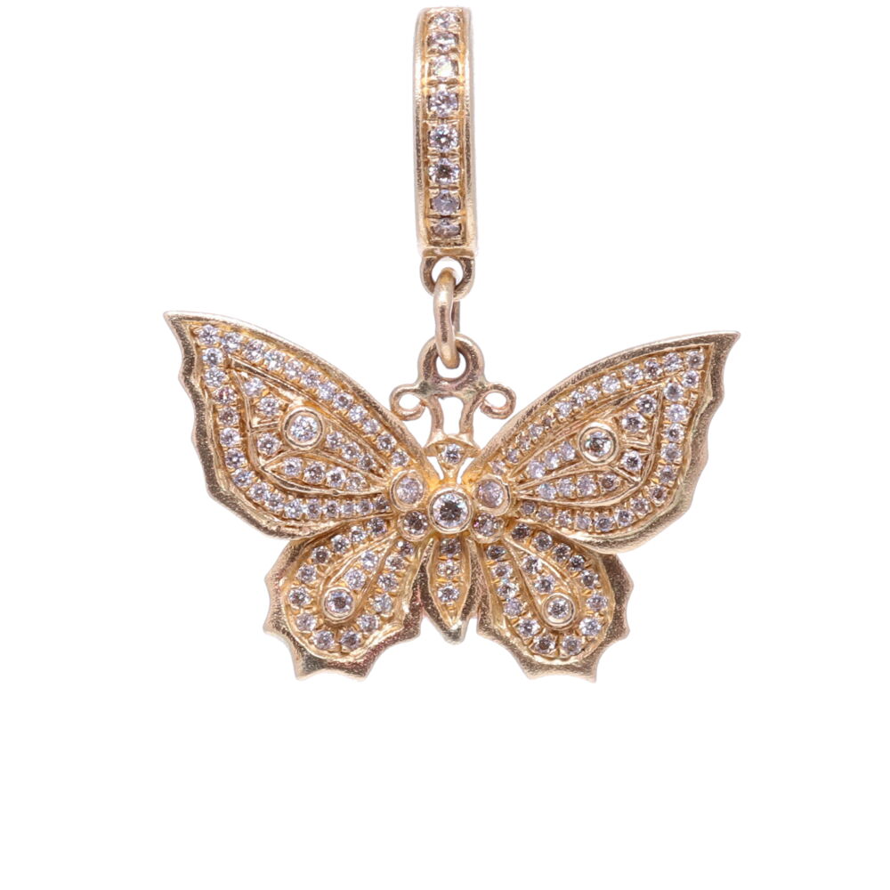 The butterfly is the symbol of resurrection and eternal life because they metamorphose from a caterpillar to a chrysalis and finally becomes a butterfly. Many believe that the soul left the body in the form of a butterfly. Aristotle named the butterfly 'psyche' which is the Greek word for Soul. This yellow gold butterfly is dusted with diamonds and can be clipped onto any necklace. Butterfly Pendant Yellow Gold