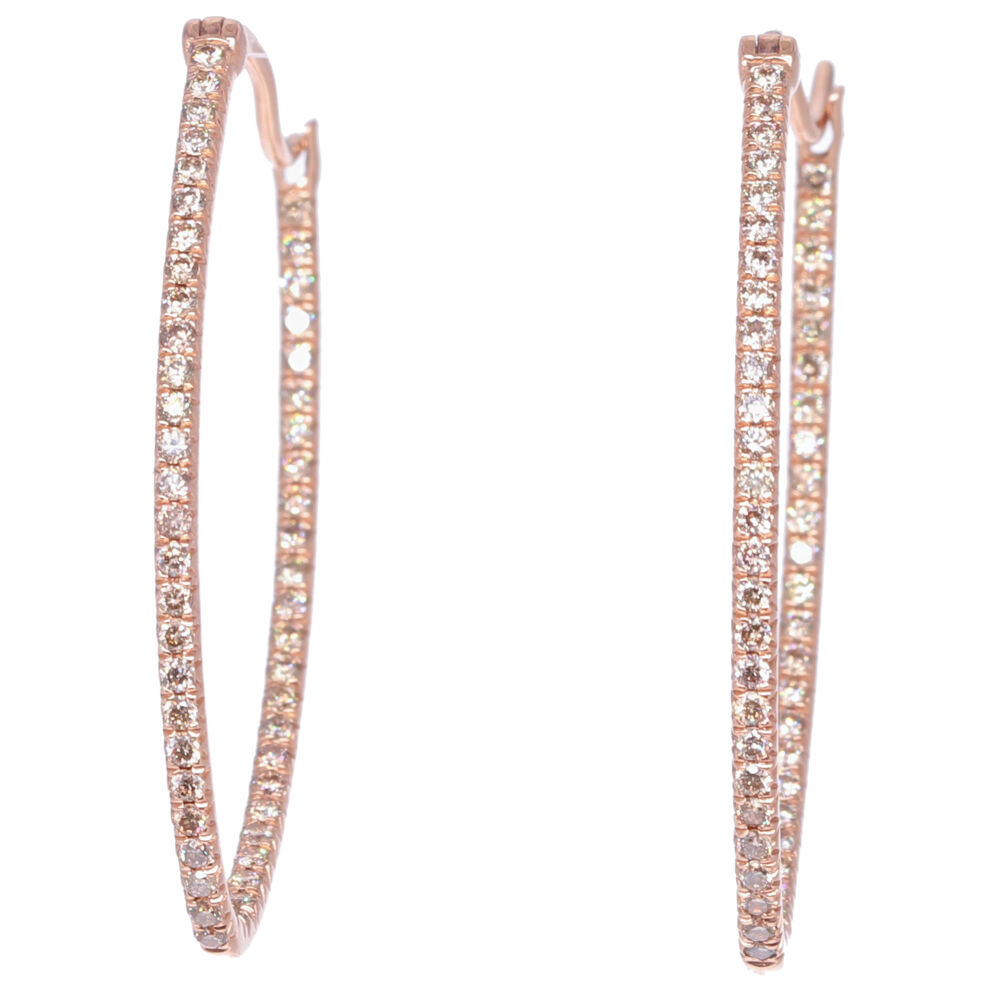 Hang your earring charms on these diamond marquis in & out hoops. Or wear them alone! A smaller sized earring charm is recommended for this hoop. These solid 14k rose gold 3.7g hoops have 104 0.86 tcw Diamonds. Large Marquis Diamond In & Out Hoops in Rose Gold