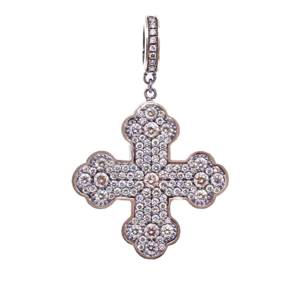 This everyday cross necklace has 2.18 tcw of champagne diamonds set in black rhodium sterling and 14k Yellow Gold 4.54g. Classic Diamond Cross Pendant