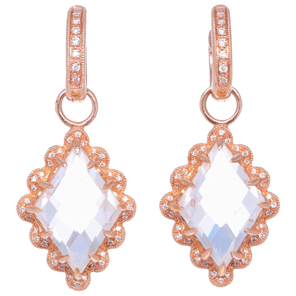 The In Bloom earring charm is handcrafted with 14k rose gold, checkerboard cut white topaz, and diamond. The Huggies and Charms are sold separate. In Bloom White Topaz & Diamond Earring Charms Rose Gold