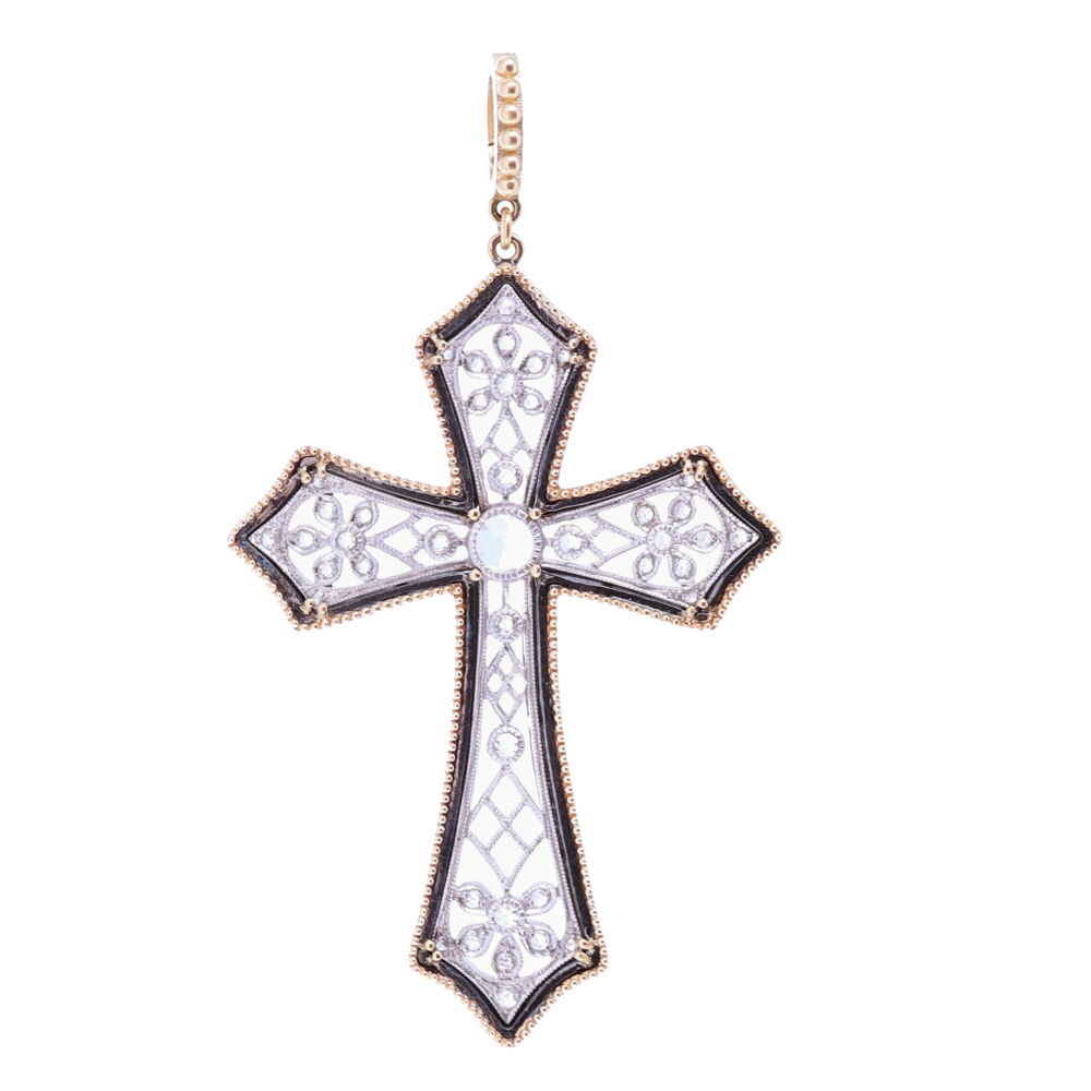 Cynthia Ann designed the interior cross as a replica to an original 1900's Art Deco cross. It has beautiful rose cut diamonds. The cross is framed by a unique diamond bezel and has an openable bale. The metal work is very intricate and feminine, with the theme of flowers and vines throughout the piece. Flowers and plants were created by God they express divine goodness, truth, and beauty. Art Deco Rose Cut Diamond Cross