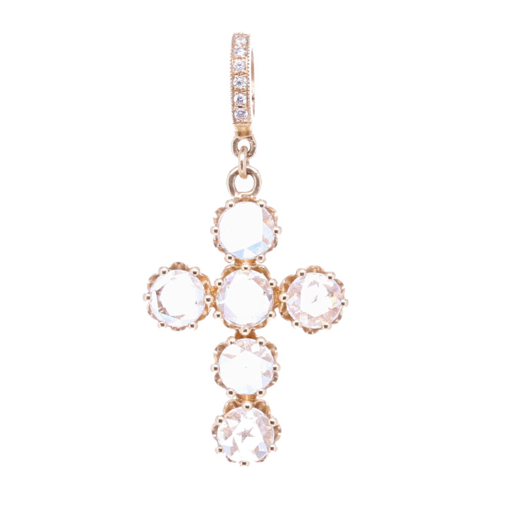 These six rose cut diamonds have been set in a solid 14k Yellow 3.25g bezel. The total diamond weight including the bale is 1.64 tcw. Rose Cut Diamonds Cross Pendant