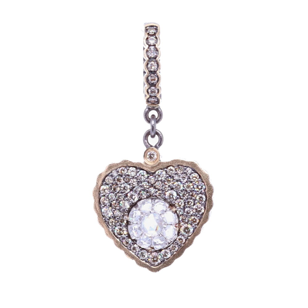 This small sized scalloped heart pendant is emphasizing a rose cut diamond flower cluster. The bezel is 14k Yellow Gold 2.8g, 2.27 ctw Diamonds, and rhodium sterling silver. The bale has a 4mm opening. Heart shaped Pendant