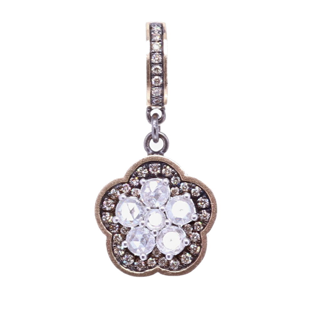 This charming small sized flower shaped pendant has rose cut diamonds in the center. The bezel setting consists of 2.15g 14k Yellow Gold, 0.89 TCW Diamonds, and rhodium sterling silver. Rose Cut Diamond Flower Pendant