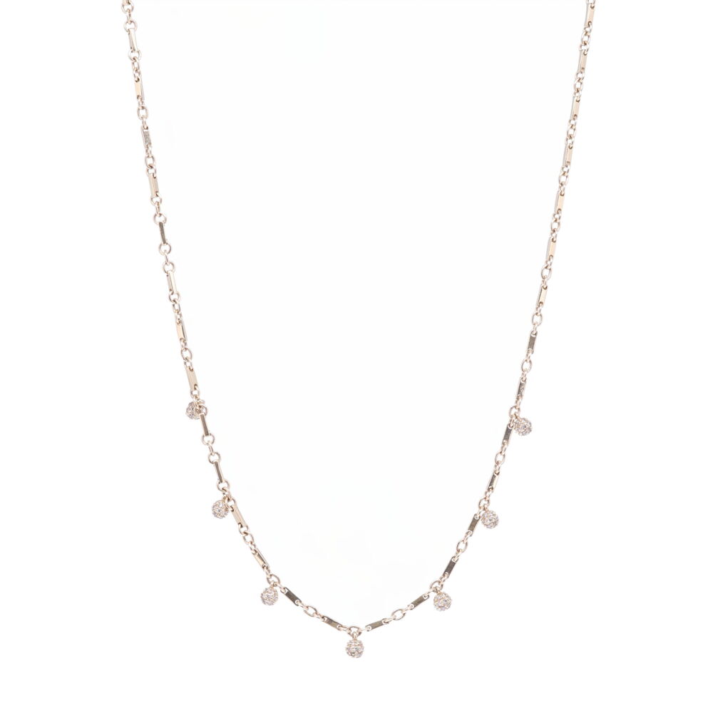This tiny handmade 14k Yellow Gold high polish necklace has seven diamond spheres hanging from the chain link. This necklace has a jump ring to hang at 17" or 18". The total gold weight 10.57g, Diamonds 0.66 tcw. Yellow Gold Diamond Sphere Necklace 18"