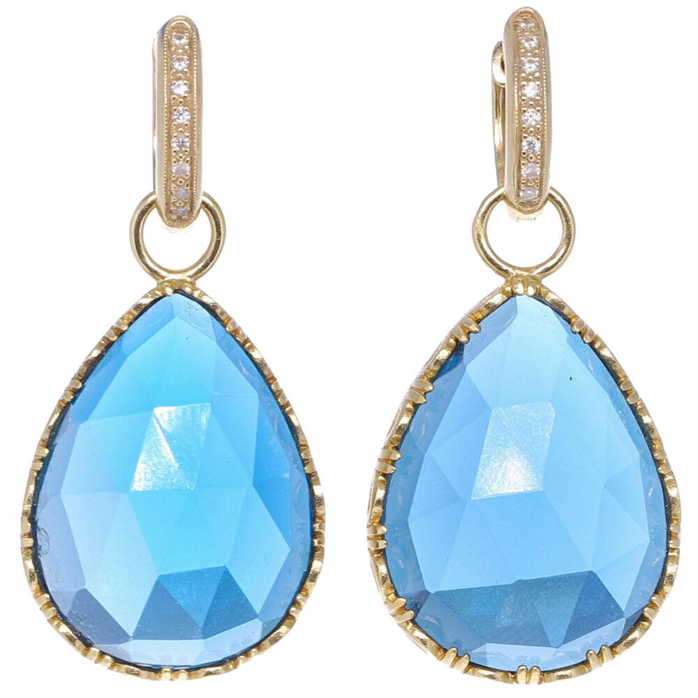 The Cecilia earring charm handcrafted in 14k yellow gold featuring London blue topaz 35 tcw. Cecilia London Blue topaz Pear Shaped Earring Charms