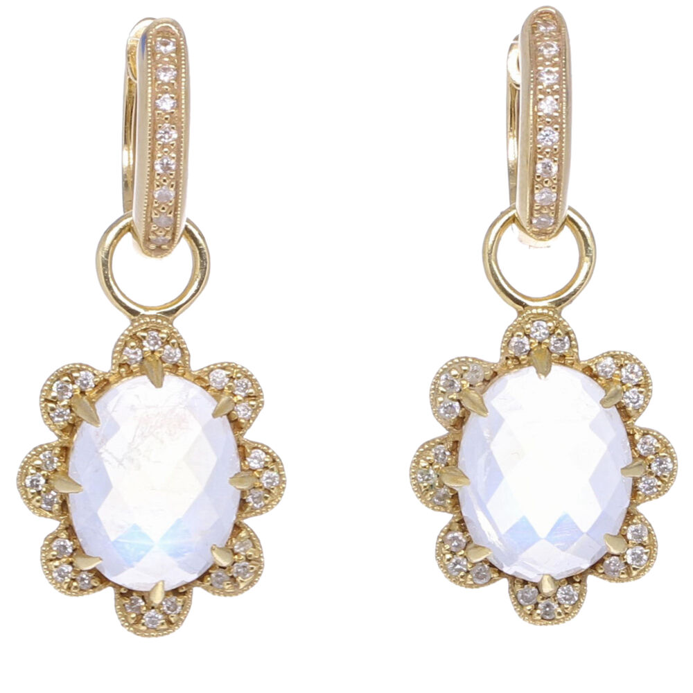 Checkerboard cut glowing moonstones set in solid 14k yellow gold. These earring charms are a classic in our collection. In Bloom Moonstone & Diamond Flower Earring Charms