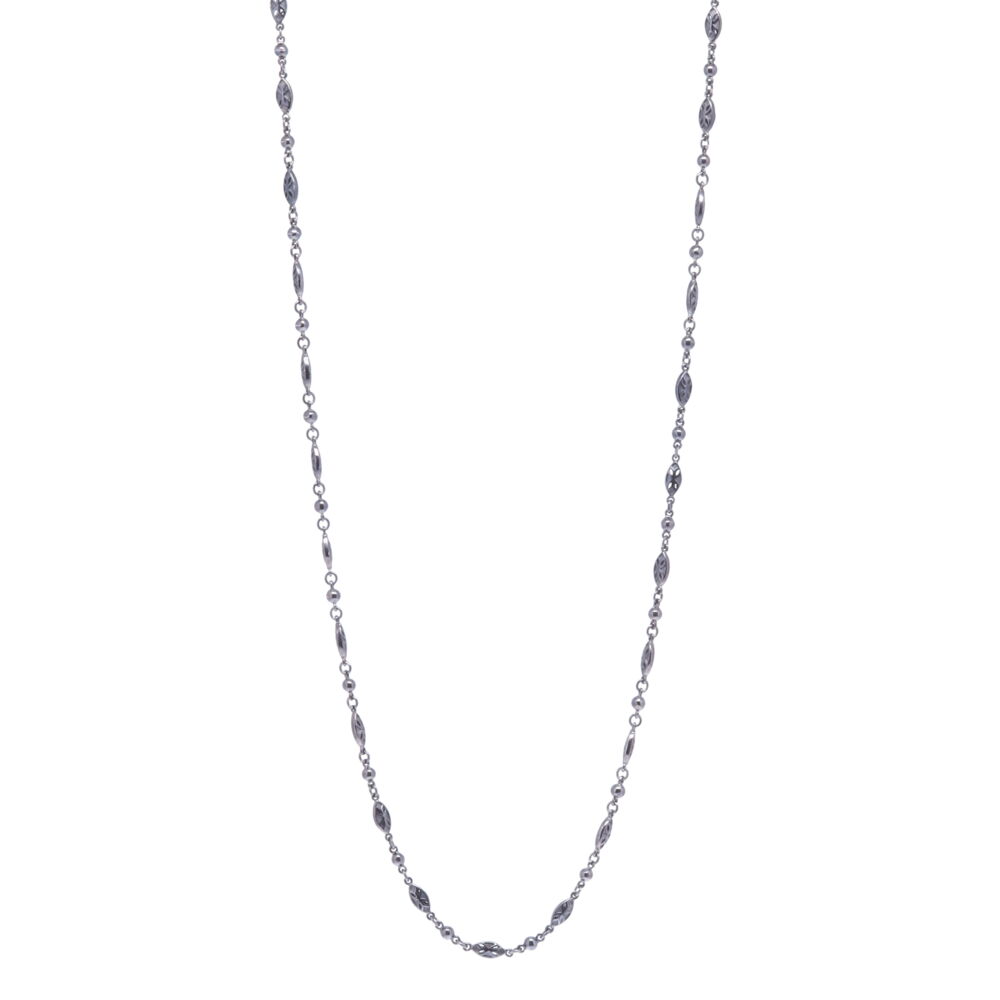 This handcrafted rhodium sterling tiny polished marquis linked chain is one of the smallest gauges of chain in the collection. It's sweet size is perfect for layering or hanging up high. The 14k gold weight is 2.22g. Tiny Polished Marquise Rhodium Sterling Chain Link Necklace