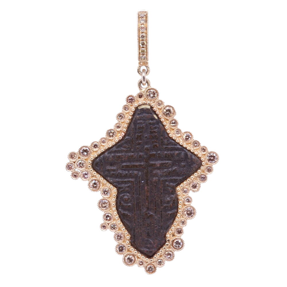 This antique Russian Orthodox Cross has been set inside a solid 14k 7.54g Yellow Gold and Diamond 0.79 tcw bezel. The bale has a 4mm opening. Russian Orthodox Cross Pendant