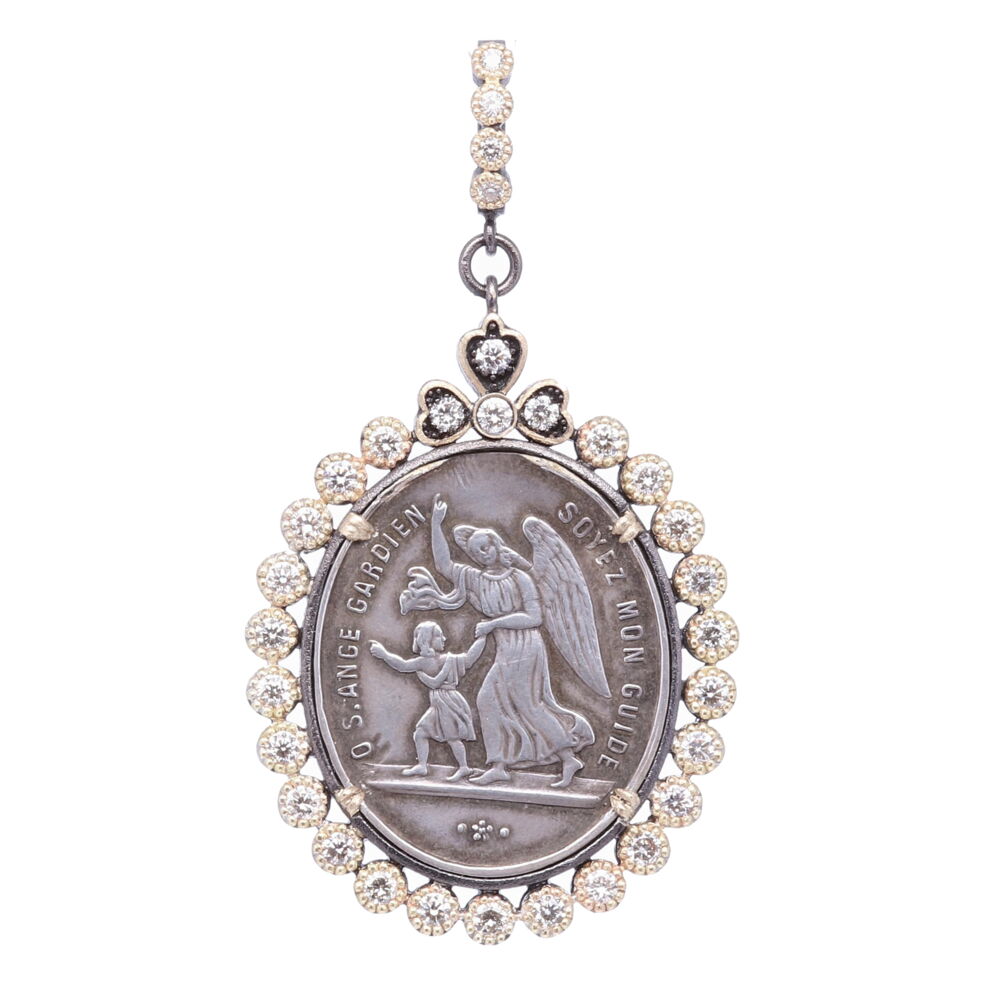 The front of this original French medal translates to "Guardian Angel be my guide" and the back "Congregation of the Holy Angels". This French medal represents your Guardian Angel that has been with you since you took your first breath and will be with you when you pass out of your body and return to the spiritual realms. This angel is unique to you and is there to guide you through your “spiritual journey” here on earth. She is a reminder of your faith in God and that you are never alone. This bezel is embellished with 31 champagne diamonds for with a 1.30 total carat weight. French Guardian Angel Pendant
