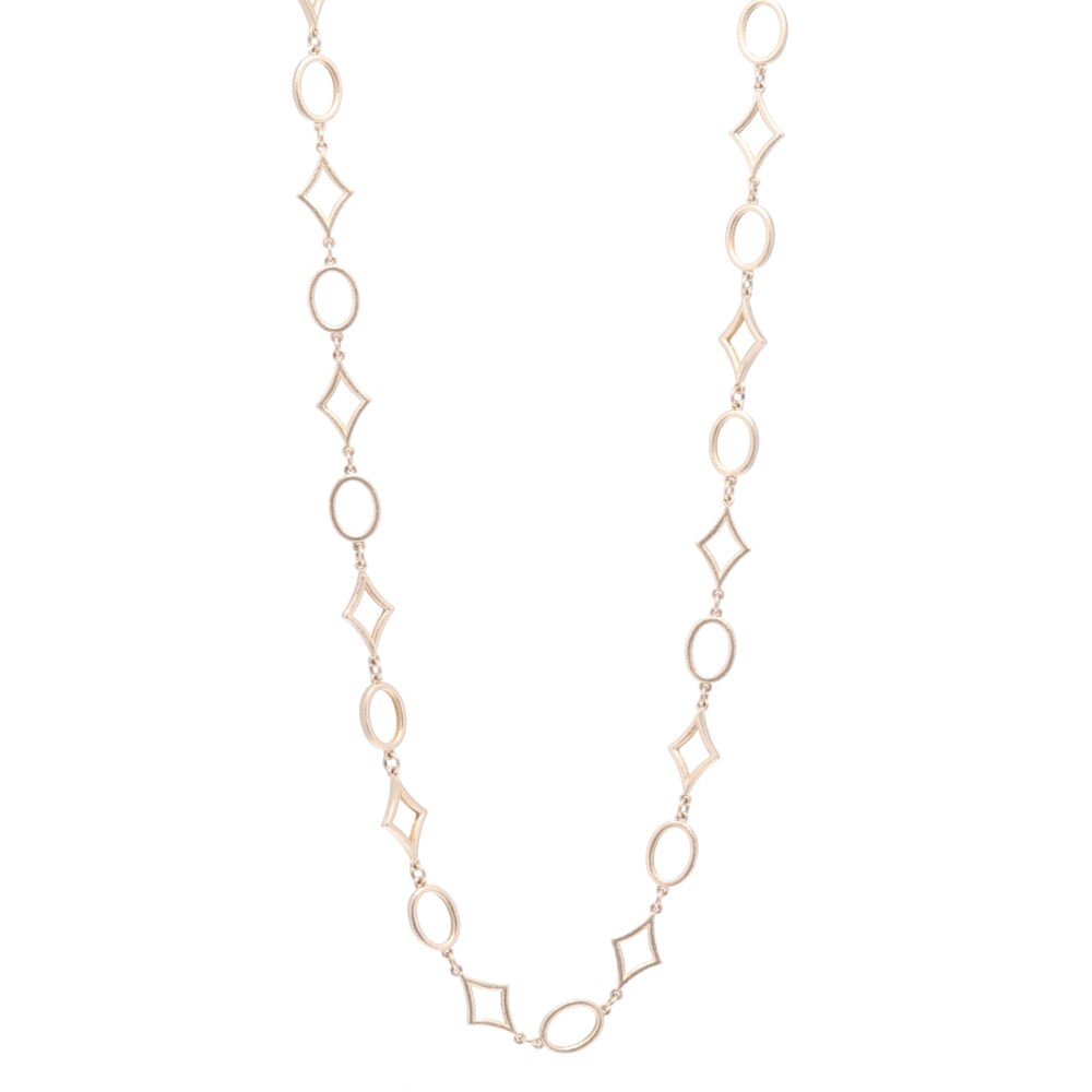 This handcrafted necklace is solid 14k Yellow Gold with our signature satin finish. Each link is alternating from star to oval. The clasp has a 7mm opening and may clip onto any link to make the necklace shorter. Limited Edition Yellow Gold Star Link Chain 18"