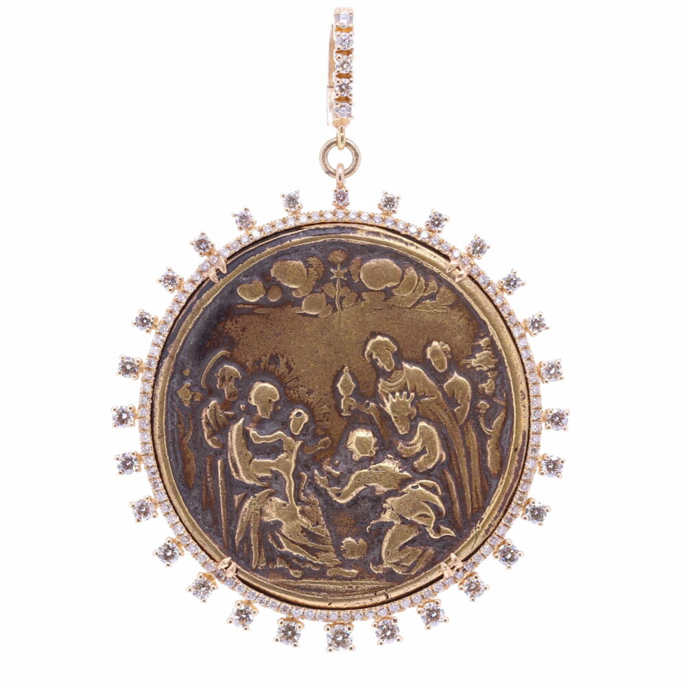 Cynthia Ann’s inspiration for her jewelry collection began as she was grieving the loss of her Mother from cancer. Her spiritual journey led her to Europe where she started her precious collection of over 1,500 religious crosses and medals that date back to 450 A.D. through the early 1900’s. Cynthia Ann has “re-purposed” this Spanish Nativity Scene & Baptism Medal for you to “re-love”.
19th Century Spanish Nativity & Baptism Medal, Surrounded by a Champagne Diamond and 14k Yellow Gold, 5 Prong Set Diamond Bezel, Hanging from a Champagne Diamond and 14k Yellow Gold Openable Bale.
134 Champagne Diamond - 1.42cts
14k Yellow Gold - 9.48g 19th Century Spanish Nativity & Baptism Medal