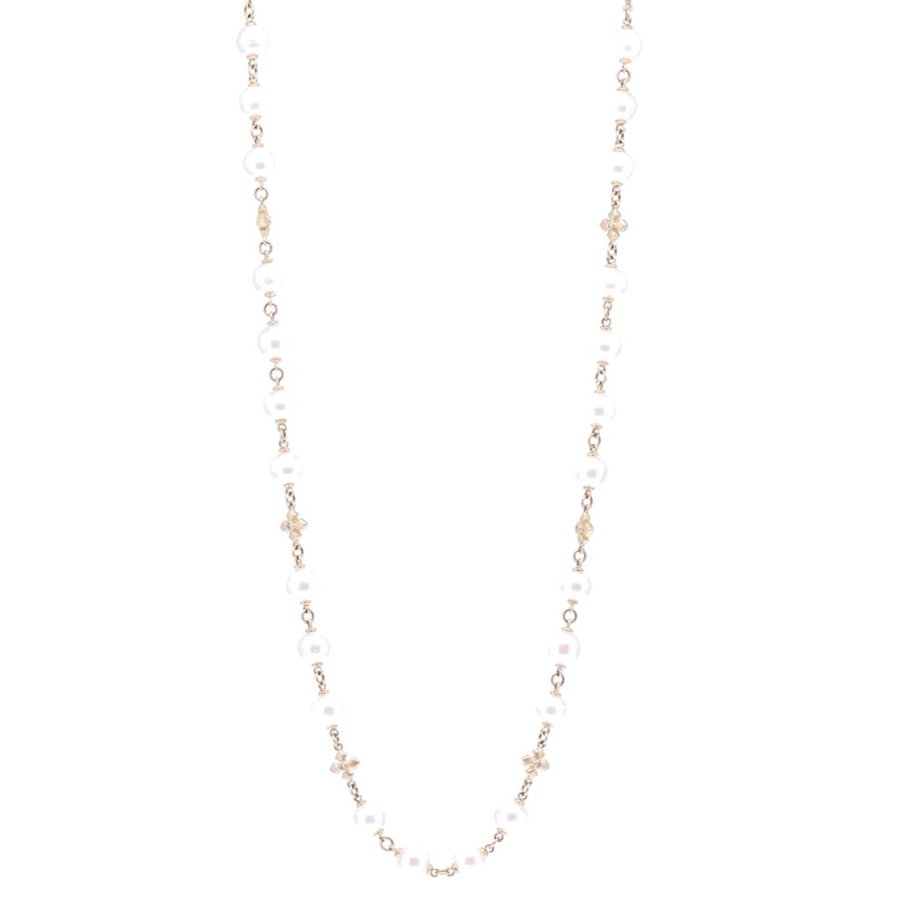 This Limited Edition Akoya Pearl necklace is strung with 46, 9mm mirror like pearls. Every three or four pearls there's a handmade solid 14k cross station with a diamond (12 total cross stations). The diamond clasp is 14k gold. This 38" necklace may be doubled comfortably or worn long. The total diamond weight is 1.10 tcw, and 14k Yellow Gold 28.40g. Limited Edition Akoya Pearl Necklace with Cross Stations 38"