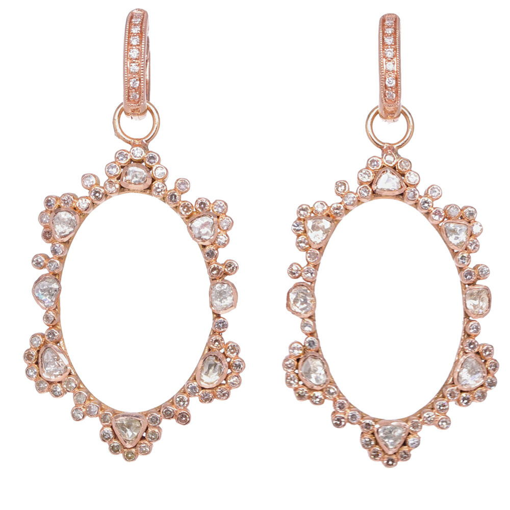 These beautiful diamond earring charms feature 1.17 tcw of rose cut diamonds set in 14k rose gold. The Huggies and Charms are sold separate. Rose Cut Diamond Earring Charms in Rose Gold