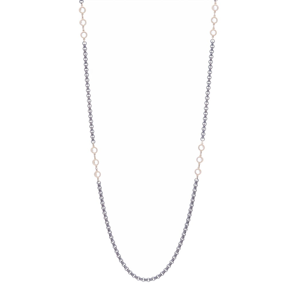 Rose cut topaz are bezel set and strung in groups of three in four groups throughout the chain. Handcrafted with 14k Gold 6.57g, White topaz 3.62g, and Rhodium Sterling. Rose Cut Topaz Station Chain