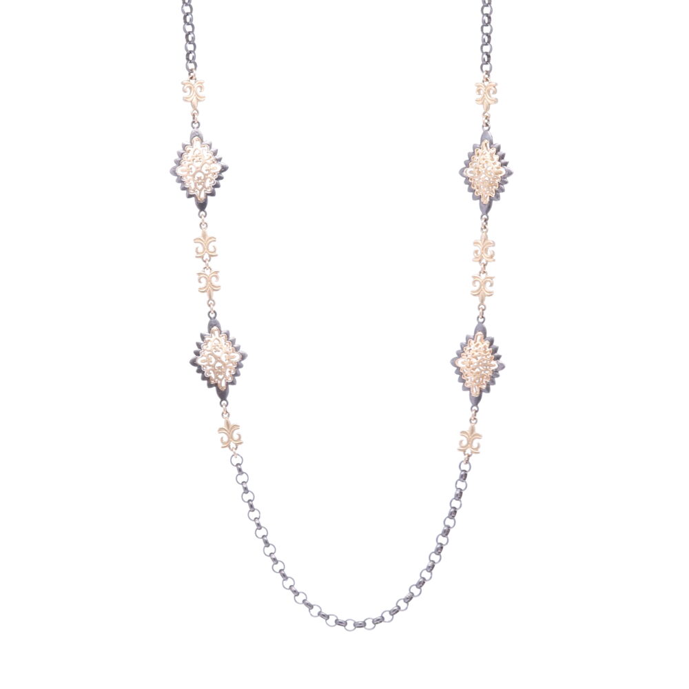 Handcrafted decorative layering chain with four abstract stations. This chain may be doubled or worn as a long layer. Made with 14k Gold 16.75g and Rhodium Sterling. Royal Abstract Gold Chain
