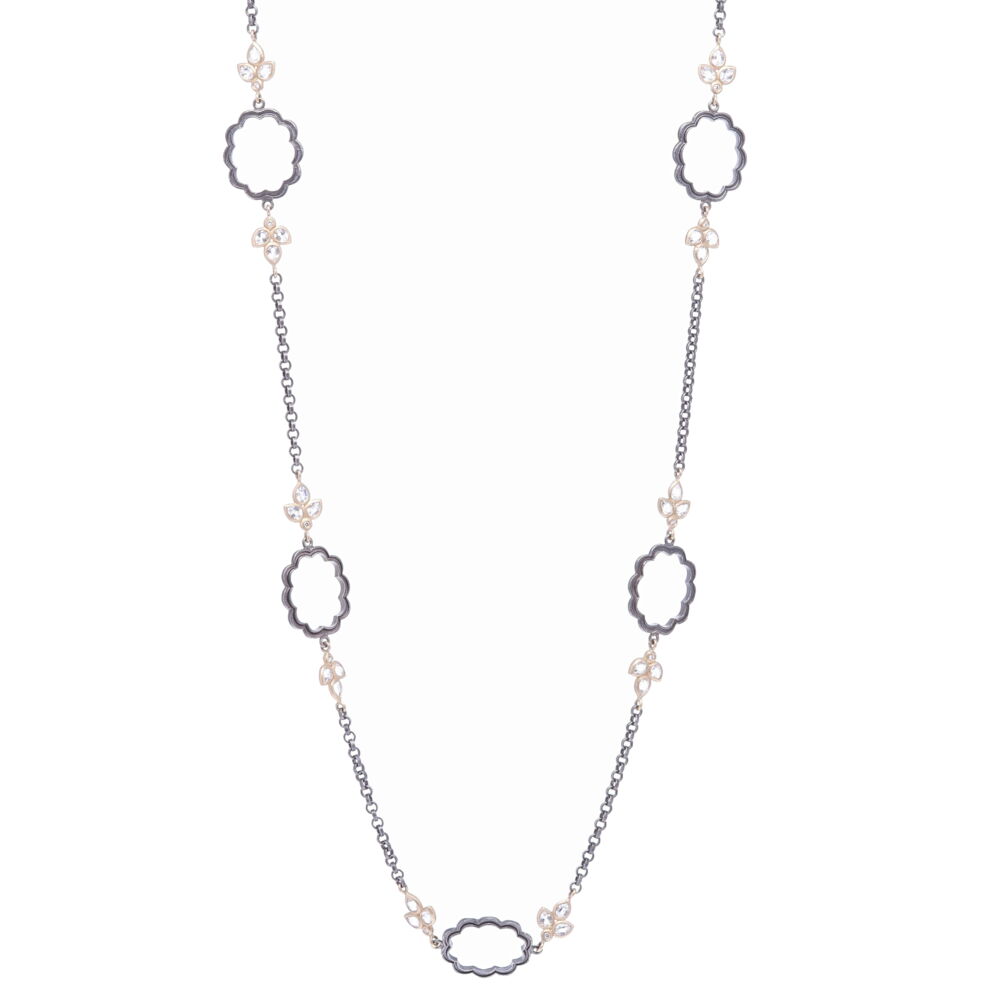 Handcrafted in rhodium sterling, this decorative floral chain makes quite the statement. The buds consist of three rose cut topaz and one diamond set in 14k yellow gold. Total gold weight 9.26g, White topaz 3.27ct, and Diamond 0.14ct. Scalloped Floral Leaf Chain
