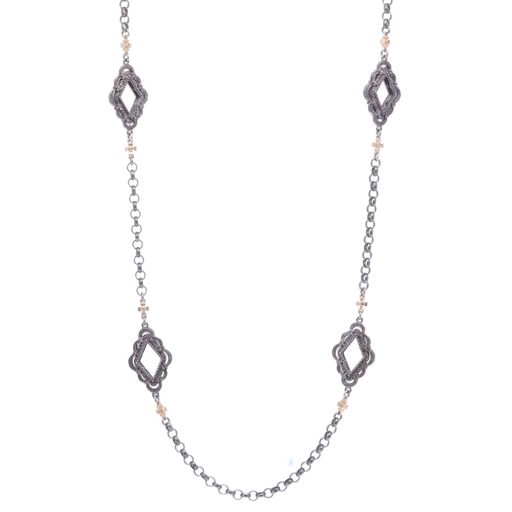 Handcrafted chain with a series of four large scalloped stations and a cross with a diamond on either side. Total materials 0.33 tcw Diamond 14k Gold 4.38g. Scalloped Abstract Chain with Crosses