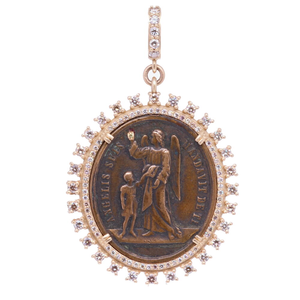This Latin medal represents your Guardian Angel that has been with you since you took your first breath and will be with you when you pass out of your body and return to the spiritual realms. The Angel is set inside a solid 14k Yellow Gold Diamond 1.43 TCW Bezel. The bale has a 4mm opening to hang on different necklaces. This angel is unique to you and is there to guide you through your “spiritual journey” here on earth. The front translates to "Angels Charge Over You". The back displays Jesus, Mary, and Joseph. Your Guardian is the reminder of your faith in God and that you are never alone.
18c Latin Guardian Angel Pendant