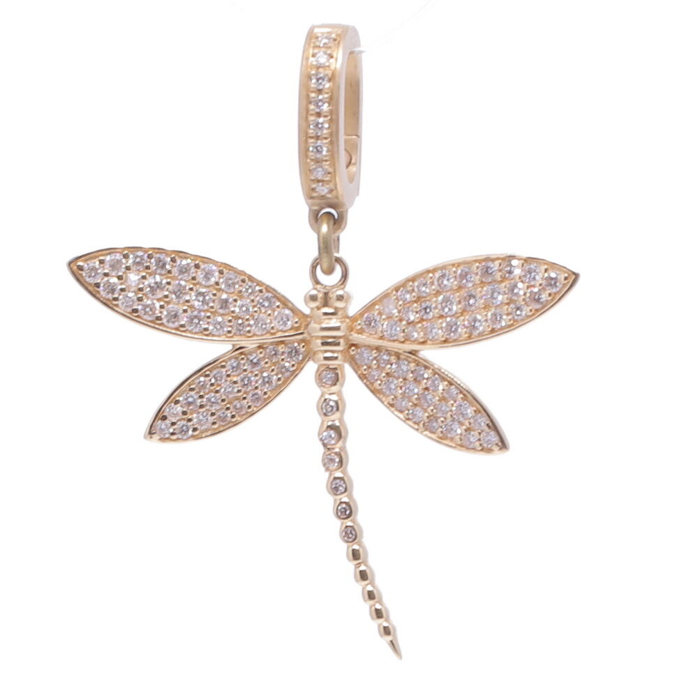 This small sized classic dragonfly pendant is handmade with solid 14k yellow gold 3.55g and champagne diamonds 0.65tcw. It's perfect to stack with our Ancient + Old collection. Dragonfly Diamond Pendant