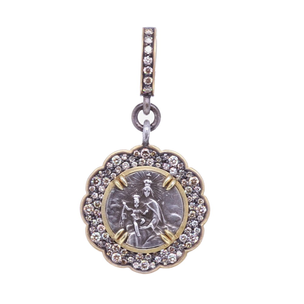 This tiny sized Mary and Child medal is set inside a Diamond 0.55 tcw, 14k Yellow Gold 1.53g, and Rhodium Sterling bezel. The front of this pendant displays the divine light of Mary + Child. The back of the pendant depicts Jesus + Sacred Heart. She was a willing servant who trusted God and obeyed His call. While her life held great honor, her calling also required great suffering. Though there was joy in motherhood, there was great pain in the privilege of being the mother of the Messiah. Despite these things, she responded to God with great obedience and submission to His plan Tiny Mary and Child Medal Pendant