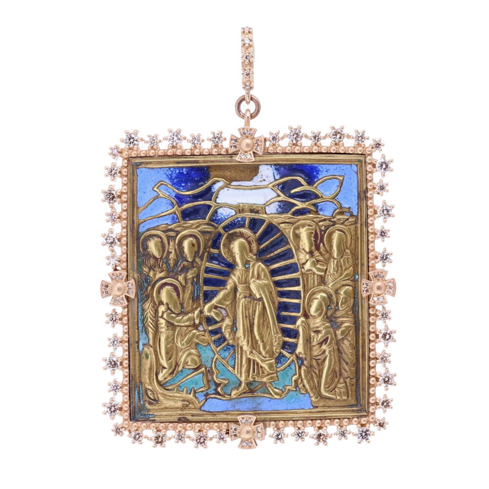 This medal depicts Jesus Harrowing of Hades. Jesus surrounded by divine light in the center, trampling the doors to Hades and a dragon underfoot. Jesus is rescuing souls from the underworld prior to him being resurrected. These souls include Adam and Eve. This pictorial image represents Jesus resurrecting all Humanity. Many Old Testament figures include: John The Baptist, Kings David and Solomon. The multicolored enamel is original. The original Russian Icon medal is set in handmade solid 14k yellow gold 31.69g and diamond 1.86 tcw bezel. This remarkable brass 19th Century Russian Icon originally came from a three or four piece traveling bible. Traveling bibles were used for missionary work, military, or escaping the persecution from the authorities. During the 17th and 1800's, master craftsman created these religious Icons by hand and sold them locally. 18th Century Russian Icon Harrowing of Hades
