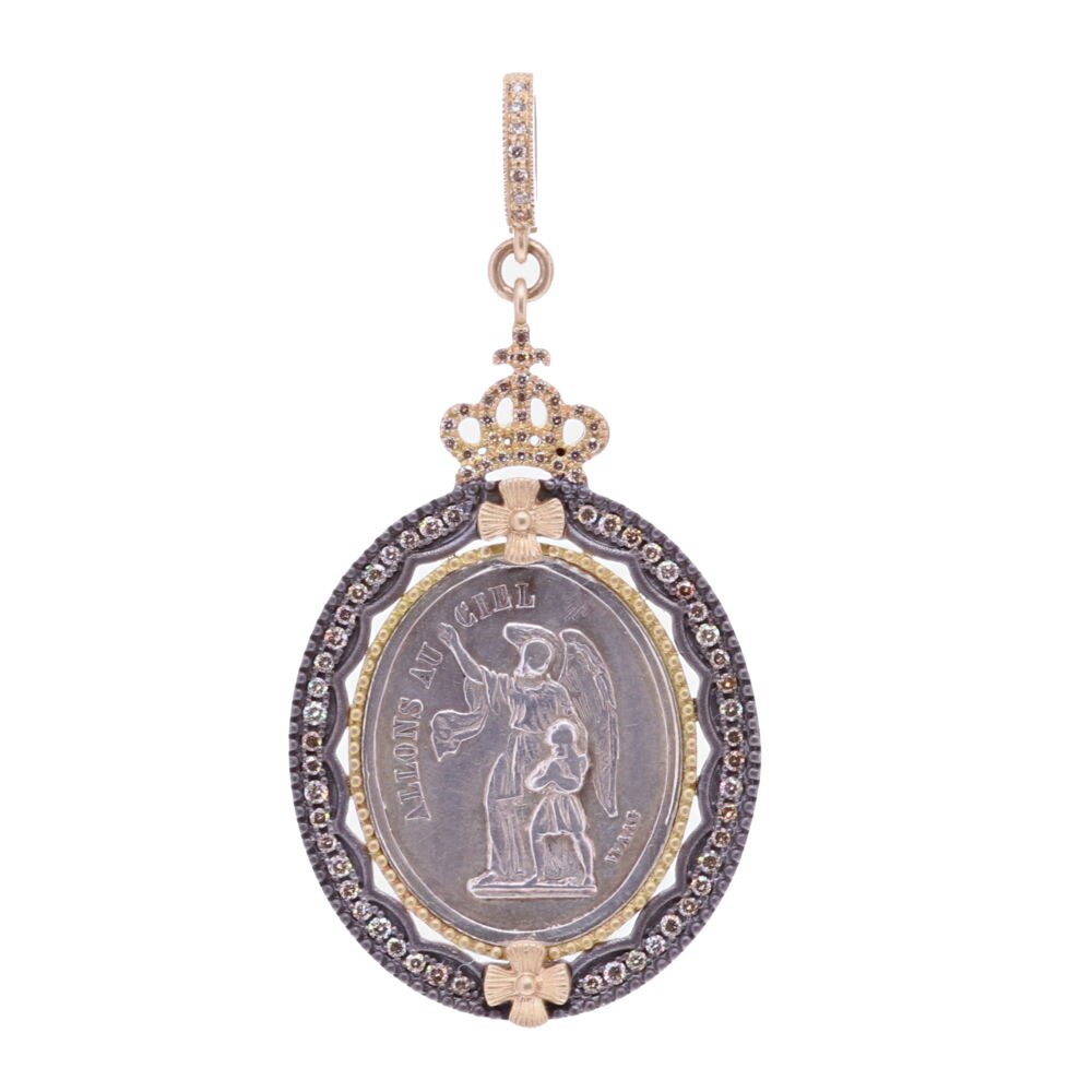 This French Guardian Angel pendant is very precious. The direct translation on the front is "Let's go to Heaven". The back is a picture of Virgin Mary and translates to "Follow our model". Your Guardian Angel is a reminder of your faith in God and that you are never alone. Your Guardian Angel is unique to you and is present to guide you through your spiritual journey. This medal is set in a unique diamond 0.70 TCW and 14k gold bezel 7.79g. Maltese crosses and a crown are unique to this one of a kind Guardian Angel pendant. The bale may be clipped onto different necklaces, the opening is 4mm. 19c. French Guardian Angel with Crown Pendant