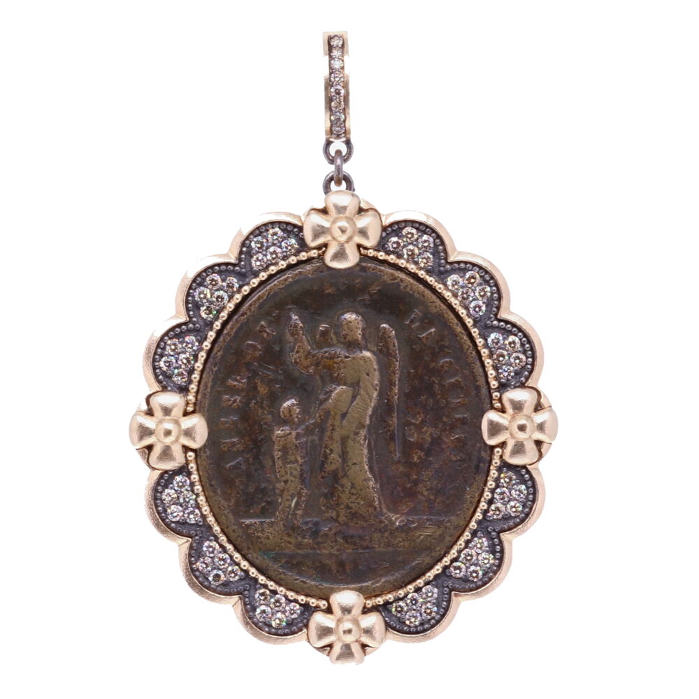 This Spanish medal represents your Guardian Angel that has been with you since you took your first breath and will be with you when you pass out of your body and return to the spiritual realms. The Angel is set inside a 14k Yellow Gold 11.40g, Diamond 1.00 TCW, and rhodium sterling silver Bezel. The bale has a 4mm opening. This angel is unique to you and is there to guide you through your “spiritual journey” here on earth. The front translates to "Guardian Angel". The back displays St. Joseph. Your Guardian is the reminder of your faith in God and that you are never alone. Spanish Guardian Angel St Joseph Pendant
