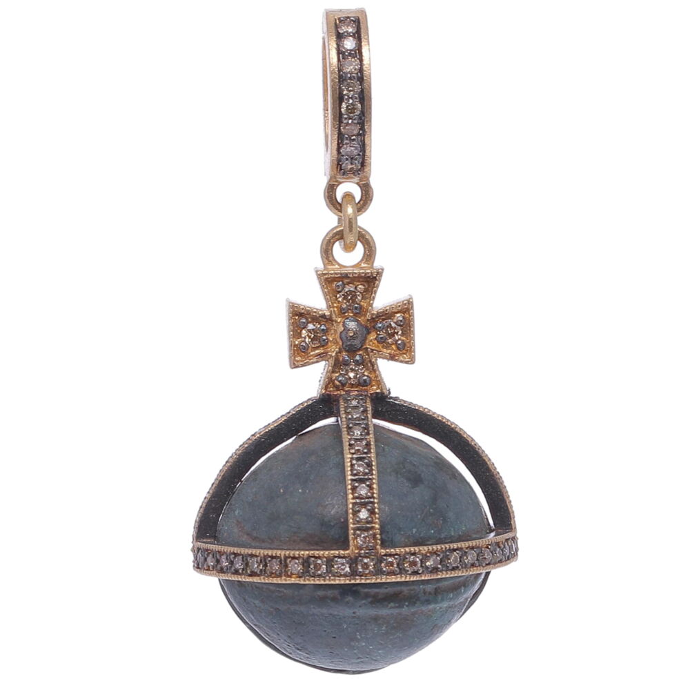 In Spain, during the 17th century, aristocratic toddlers were given religious sterling silver rattles to wear as a symbol of their Christian faith. They were made of several silver bells that represented church bells and worn around the waist, like a rosary. The church bells were also a reminder of the importance of worship and prayer. This bell has a natural green patina from oxidizing over time. It's set in a handmade rhodium sterling, 14k yellow gold 4.45g and diamond 0.52 tcw setting. Antique Bell with Cross Pendant