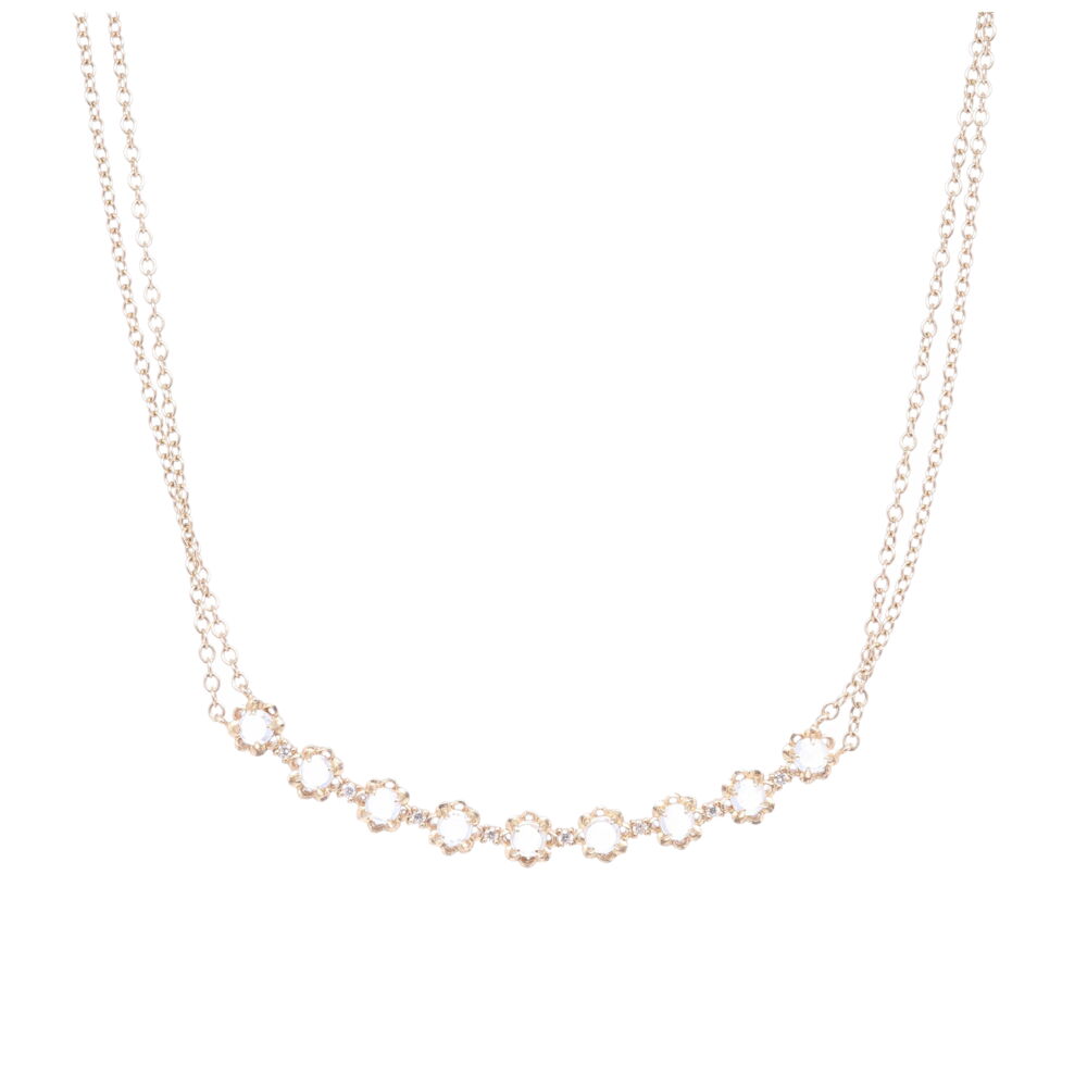 This delicate necklace has a crescent moon hanging horizontal. The moonstones and diamonds 0.15 carats are set in solid 14k Yellow Gold. Crescent Moonstone Necklace 18"