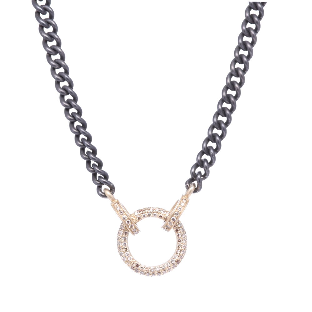 This is the ultimate necklace to display your Cynthia Ann pendants. The circle 6.96g 14k yellow gold and 1.95 carats of diamond opens, allowing you to hang a pendant. The length option provided is just calculating the chain. The yellow gold and diamond parts add 1.21" to the total length. Classic Diamond Ring Display Necklace with Open-able Ring