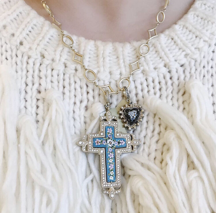 Image 2 for Floral Turquoise Italian Micro Mosaic Grand Tour Cross Pendant