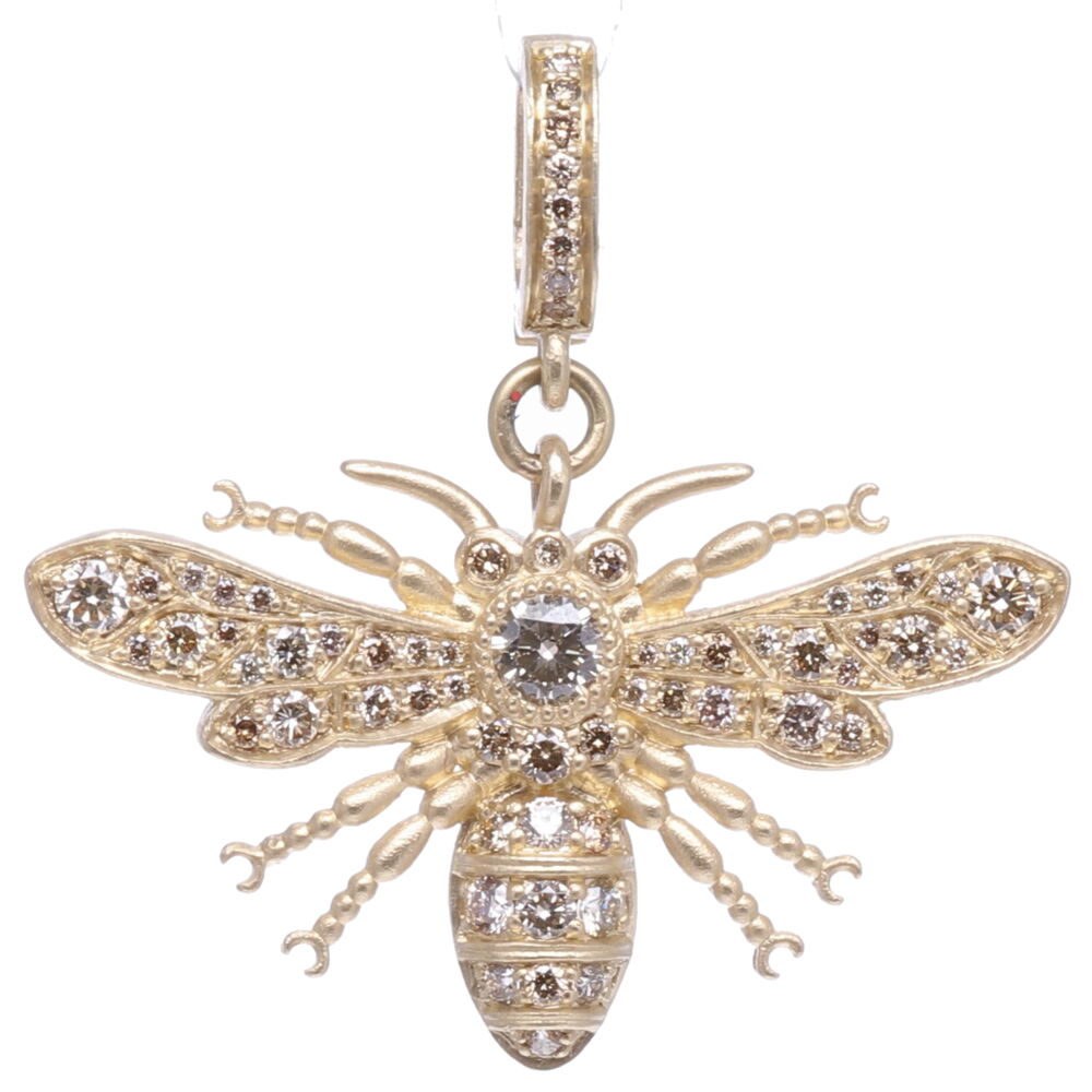 Buzzzz..... This classic bee pendant is handcrafted from solid 14k yellow gold 6.62g and champagne diamonds 1.12 tcw. It's perfect to stack it with one of our Ancient + Old pendants or onto a bracelet. Bee Pendant