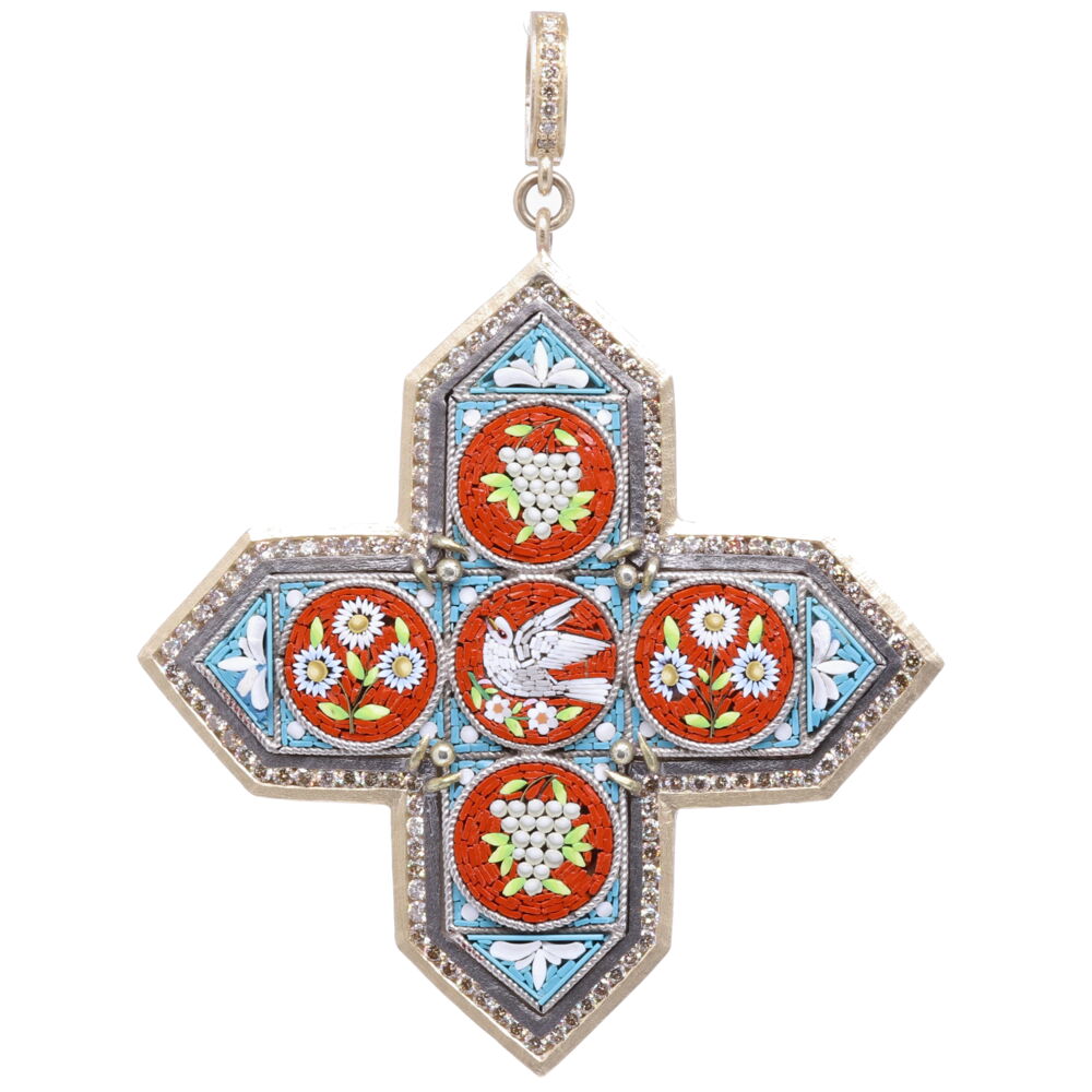 This original Italian Micro Mosaic Cross from the Grand Tour period 1680-1880. During that time students were traveling to Europe to further enrich their classical studies, they brought home a small piece from their travels. The Micro Mosaics were handcrafted in Italy using tiny glass fragments called tesserae. Doves symbolize the Holy Spirit and send us important messages from the Divine. A dove is a reminder that there is always hope and peace if you seek it. This original Grand Tour micro mosaic is set in a Cynthia Ann 14k yellow gold 6.64g, champagne diamond 1.83 tcw, and rhodium sterling bezel. The Cross has manly turquoise, deep maroon, and white tiles. Italian Grand Tour Micro Mosaic Maltese Cross Holy Spirit Pendant