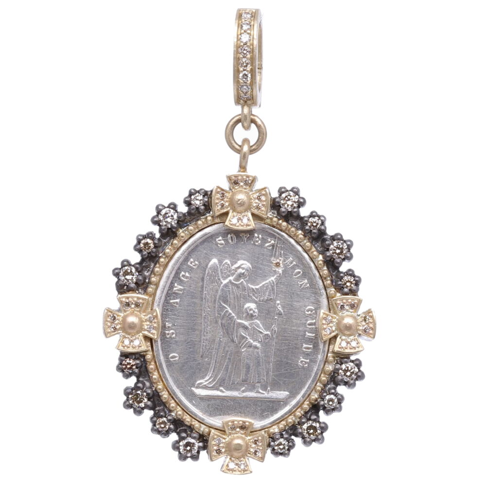 The original silver French Guardian Angel antiquity is set in a handmade Cynthia Ann champagne diamond 0.60 tcw, 14k yellow gold 6.02g, and rhodium sterling bezel. The front of the medal depicts your Guardian Angel that has been with you since your first breath and will be with you each and everyday. She is a reminder in your Faith in God and that you are never alone. The front of the medal translates to "Guardian Angel be my guide". The back of the medal "Pray for us". French Silver Guardian Angel Pendant