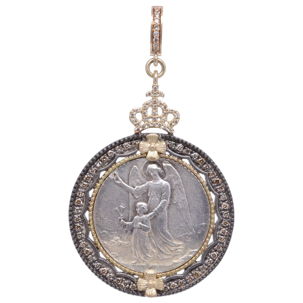 This original silver European Guardian Angel medal is set in a Cynthia Ann champagne diamond 0.80 tcw, 14k yellow gold 6.73g, and rhodium sterling bezel. The front depicts your Guardian Angel that chose to guide you through your spiritual journey here on Earth. Guardian Angels can see deep into your heart, they help translate messages from the Divine. On the back of the medal is St. Joseph with child. European Guardian Angel Pendant with St. Joseph